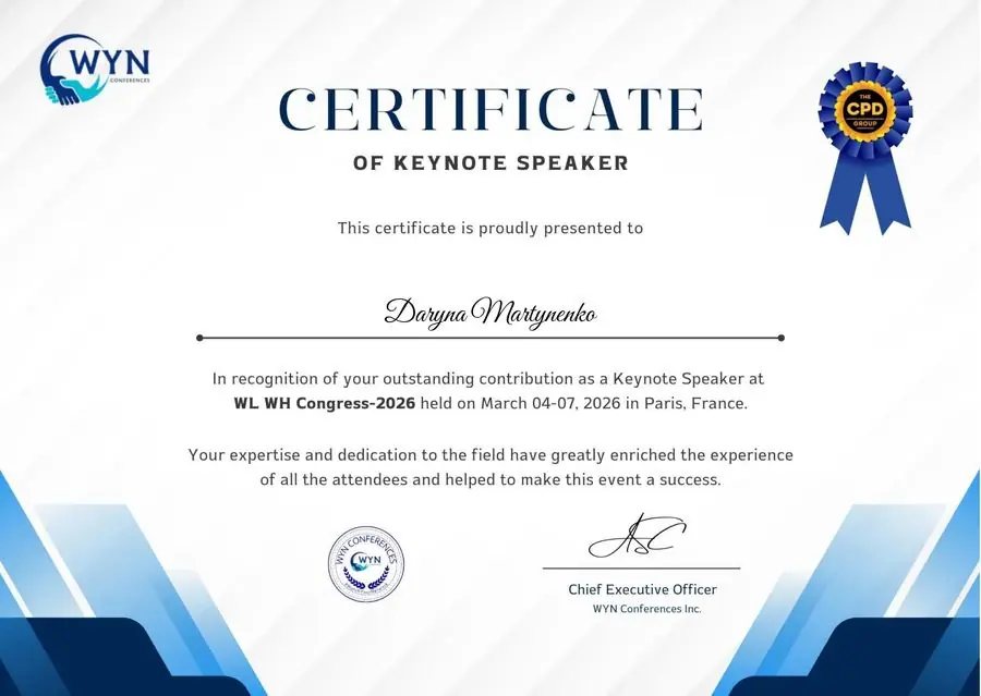 WYN · Keynote Speaker, сертифікат Дарини Мартиненко