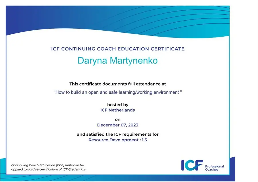 ICF Netherlands · CCE, сертифікат Дарини Мартиненко