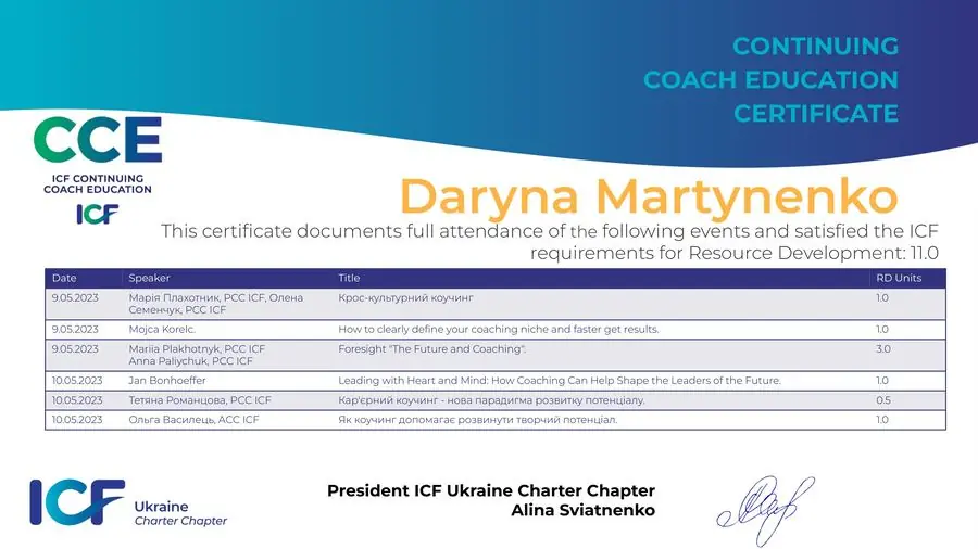 ICF Ukraine · CCE, сертифікат Дарини Мартиненко